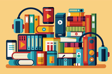 a pile of books with headphones and a phone, A stack of books accompanied by headphones and a mobile phone.