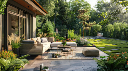 Home garden and luxury patio surrounded plants at house backyard, landscaping back yard in summer. Concept of landscape design, travel, nature, villa
