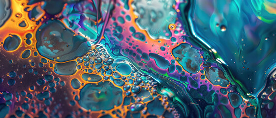 Color liquid texture background, bubbles of oil or water with rainbow gradient. Concept of multicolored surface, abstract pattern, iridescent and wallpaper.