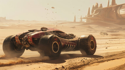 Old car race on space planet like Mars, vintage rover drives on desert, retro sports vehicle and futuristic buildings. Concept of fantasy, dystopia, speed and future