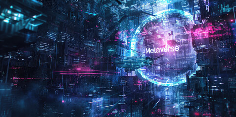 Futuristic dark cyber space, sign Metaverse on data lights background, abstract digital world. Concept of technology, future, tech, virtual reality, neon cyberpunk city
