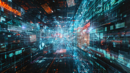 Futuristic dark cyber space, sign Metaverse on data lights background, abstract digital tunnel. Concept of technology, future, tech, virtual reality, network