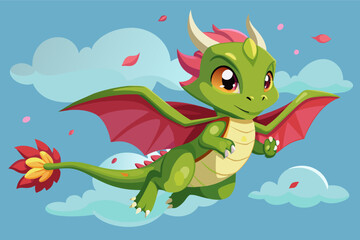 a cartoon dragon flying through the air, An animated dragon soaring through the sky.