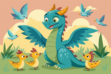 a cartoon dragon with many birds around it, An illustration of a whimsical dragon surrounded by a group of birds.