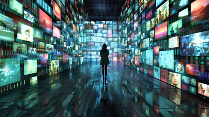 Young woman on social network background, girl against abstract digital pattern of media news screens. Concept of connect, global world, online and ai technology