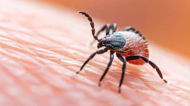 Deer tick on human skin, macro view of black mite on body, insect parasite close-up. Concept of bite, encephalitis disease, animal, nature, background