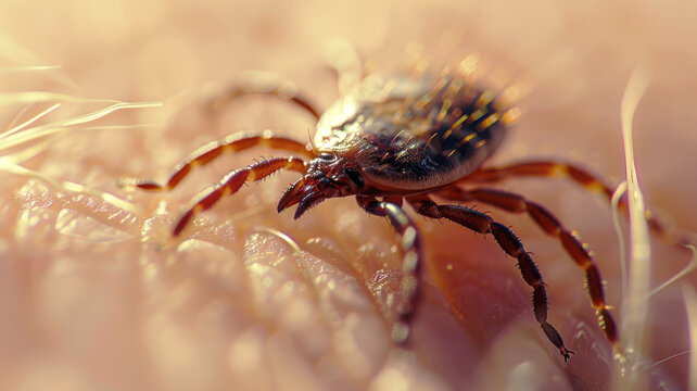 Deer tick on human skin, macro view of black mite on body, insect parasite close-up. Concept of bite, encephalitis disease, animal, health.