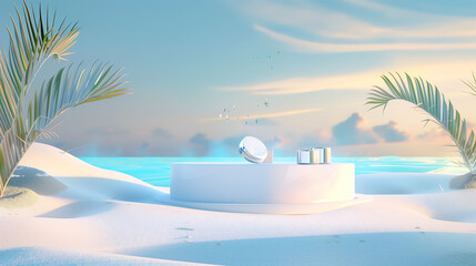 Luxurious beach scene with minimalist white furniture under a clear sky, evoking relaxation and serenity