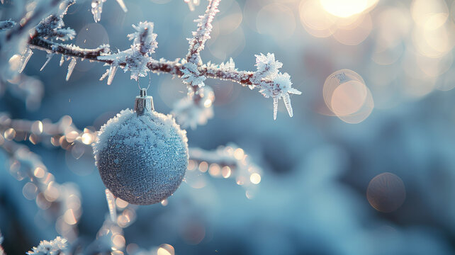 Frosty Christmas bauble hanging on a snow-covered branch.