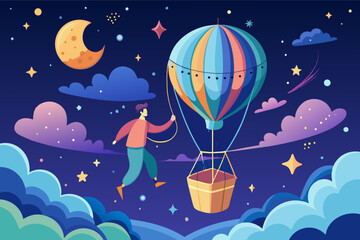 a man flying a hot air balloon with a basket, "A gentleman piloting a hot air balloon accompanied by a basket."