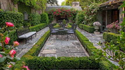 A tranquil courtyard garden with stone paths leading to a secluded sitting area with iron furniture, surrounded by well-trimmed hedges and blooming flowers, exemplifying perfect garden management.
