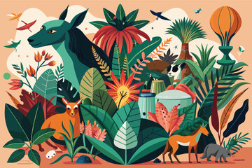 a group of animals in a jungle, A collection of wildlife residing in a tropical rainforest.