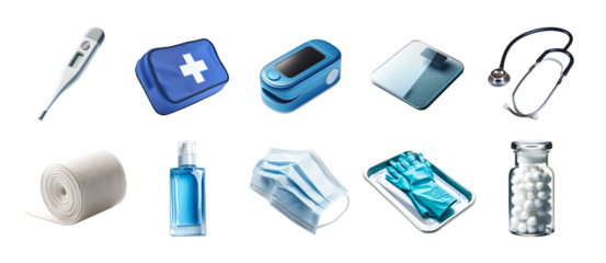 Collection of medical equipment and supplies isolated on transparent background. Healthcare and medical concept. Clipart for poster, advertisement, and educational materials. 