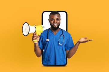 African American doctor is seen holding a megaphone on his phone, possibly preparing to make...