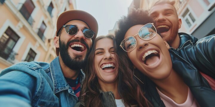 Group of smiling young adults taking a group selfie on a city street, enjoying their time together outdoors