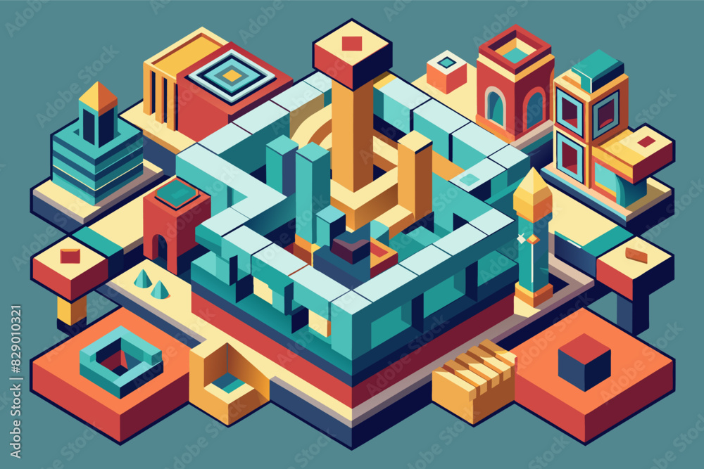 Poster a colorful pixel city with a lot of buildings, a serving of stew made with beans and corn.