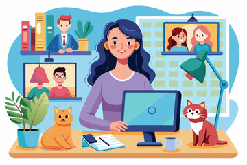 a woman sitting at a desk with a computer and a cat, A woman is seated at a desk with a computer, accompanied by a cat.