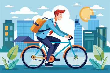 a man riding a bike with a backpack on the back, A male individual is cycling while carrying a backpack attached to the rear of the bicycle.