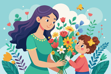 a woman giving a girl flowers, A lady bestowing a bouquet of flowers to a young girl.