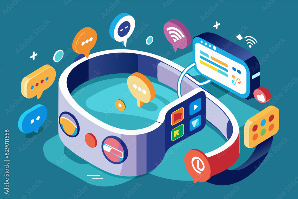 Leinwandbilder a smart watch with social icons surrounding it, a smartwatch featuring an array of social media icon