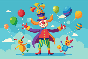 a clown juggling with balloons and a hat, An entertainer simultaneously handling balloons and a hat.