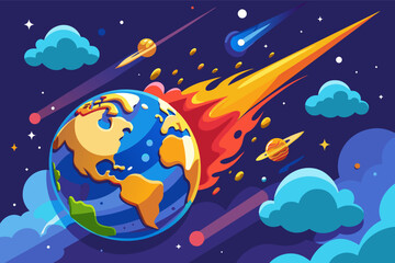 Fototapeta premium a cartoon spaceship flying over the earth, An illustration of a spacecraft soaring above the planet.