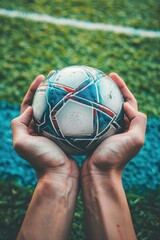 close up of soccer ball in hands. Selective focus