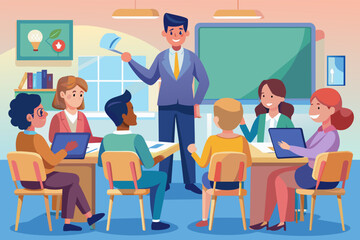 Smiling teacher with students, Smiling teacher with students