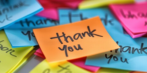 A vibrant array of sticky notes with 'thank you' messages in various handwriting styles and colors