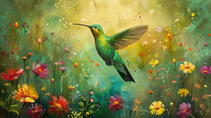 A green bird soars gracefully above a vibrant field of colorful flowers