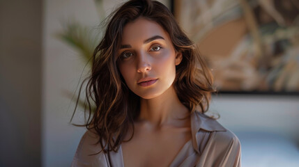 Fototapeta premium Digital influencer woman posing a portrait on social media, with soft and natural makeup