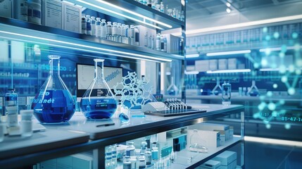 An advanced laboratory showcasing a virtual reality setup where scientists explore molecular models of drugs discovered by artificial intelligence.