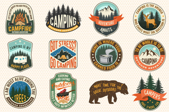 Set of Summer camp quotes patches. Vector. Design with rv trailer, camping tent, forest, bear, deer, mountains, axe and campfire.