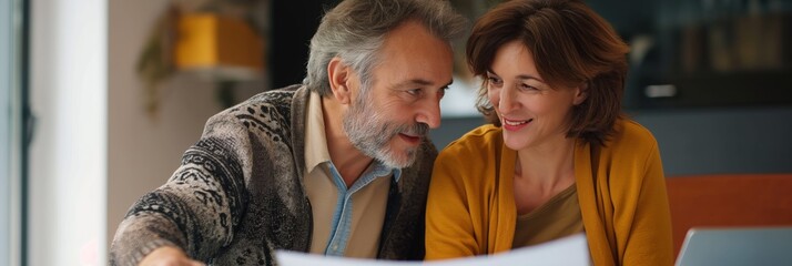 A mature man and woman examining a document together at home with interest