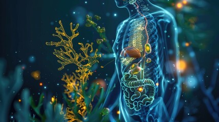 Visual representation of kelp's benefits for digestive health, featuring a highlighted digestive system