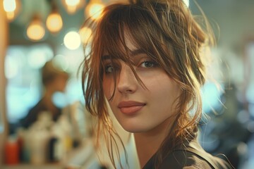 Obraz premium Young Woman with Messy Updo in Hair Salon