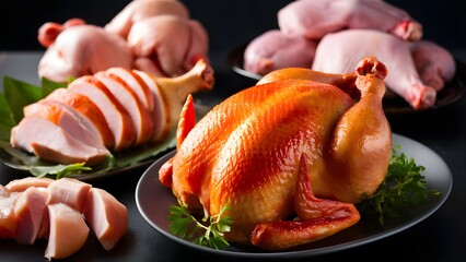 Vibrant Display of Fresh Salmon Fillets with Garnishes on a Black Plate, Perfect for Gourmet Food, Culinary, and Healthy Eating-Themed Stock Photography