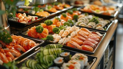 Variety of appetizers seafood and salads available in a hotel buffet style restaurant Horizontal layout