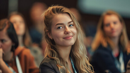 Obraz premium Smiling young woman attending a conference. Portrait of a confident young professional with a smile, engaged in a business conference setting.