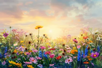 Beautiful wild flowers blooming at sunrise, artistic field painting with oil colors