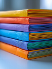 Colorful stack of folders neatly organized on a desk.