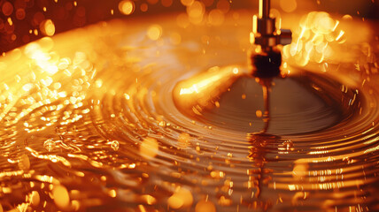A cymbal with water droplets under dramatic golden lighting.