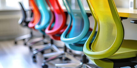 Closeup bright colored office chair in minimal interior white modern office with copy space