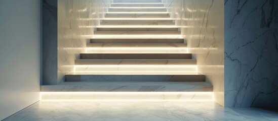 Obraz premium part of stairs in light marble with bright leds below the steps, wall with a glass plate
