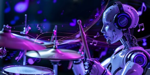 Female Robot Drummer in a Futuristic Setting. Concept Robot Drummer, Female Musician, Futuristic Setting, Artificial Intelligence, Music Technology