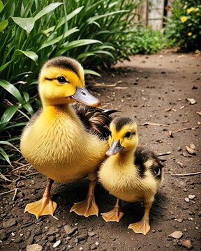 Retrato de dos patitos amarillos