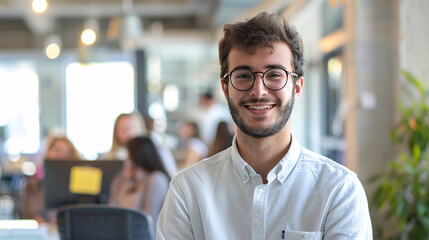 Obraz premium Confident young professional in modern office. Portrait of a smiling young man in glasses, happy and successful in his modern workplace.