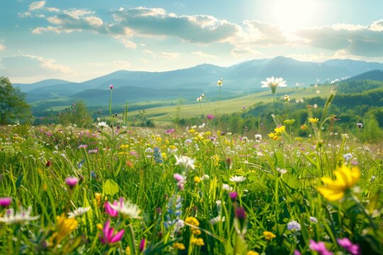 Idyllic mountain landscape with green meadows and wildflowers, rural nature view for spring summer scenery