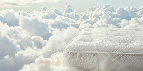 Closeup white modern mattress on the white fluffy clouds in the sky with copy space background