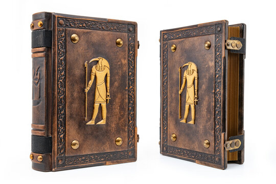 Worn brown leather book with ancient goddess Thoth on the cover.